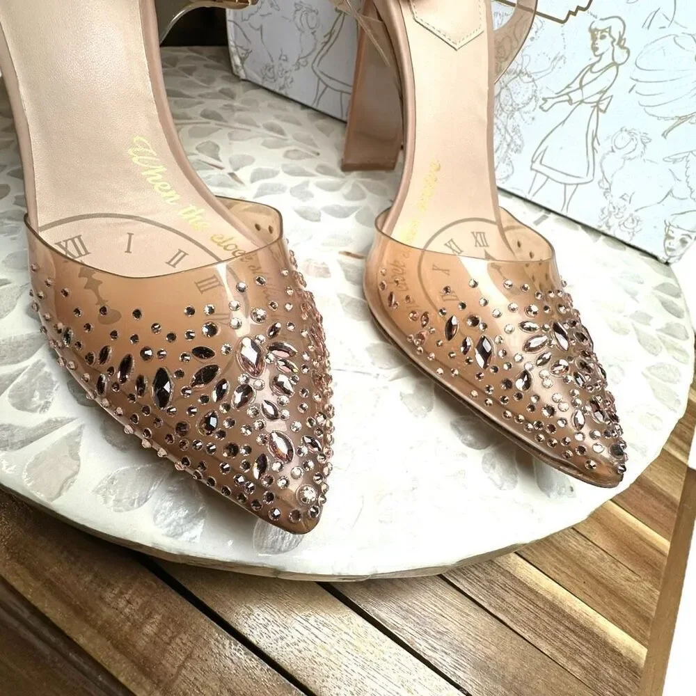 Disney x ALDO Glass Slipper Heels Clear Rhinestone Cinderella Pumps Bone Size 7.